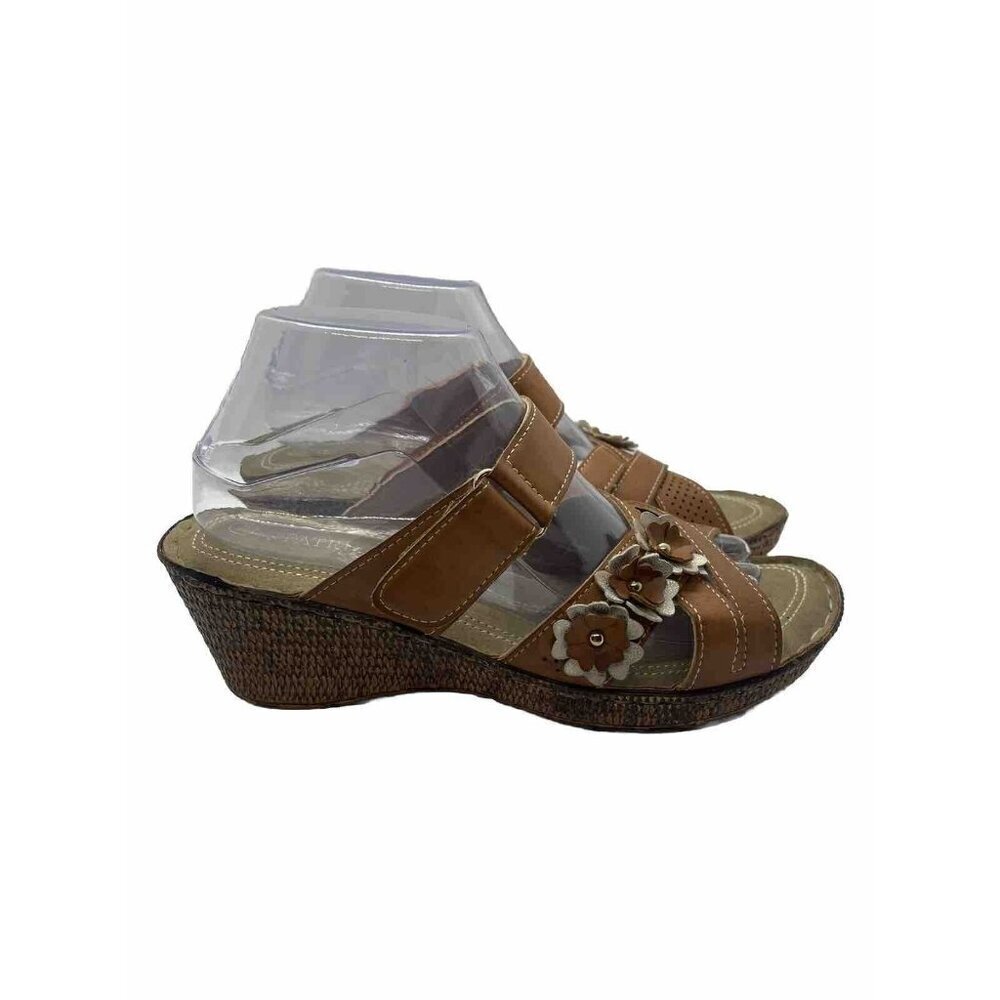 Patrizia by Spring Step Brown Leather Open Toe Wedge Sandals Shoes Sz 10 Flower